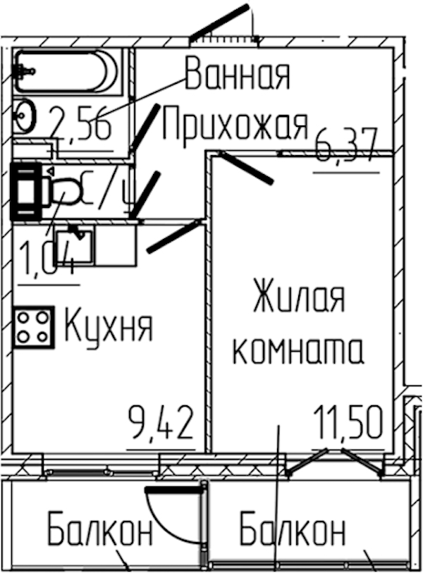 1-комнатная квартира 32.91 м², 5/8 эт., ЖК «SERTOLOVO PARK»